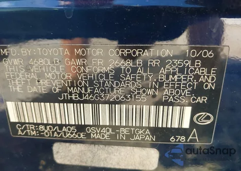 2007 Lexus Es 350 z USA, uszkodzony, nr VIN JTHBJ46G372063155